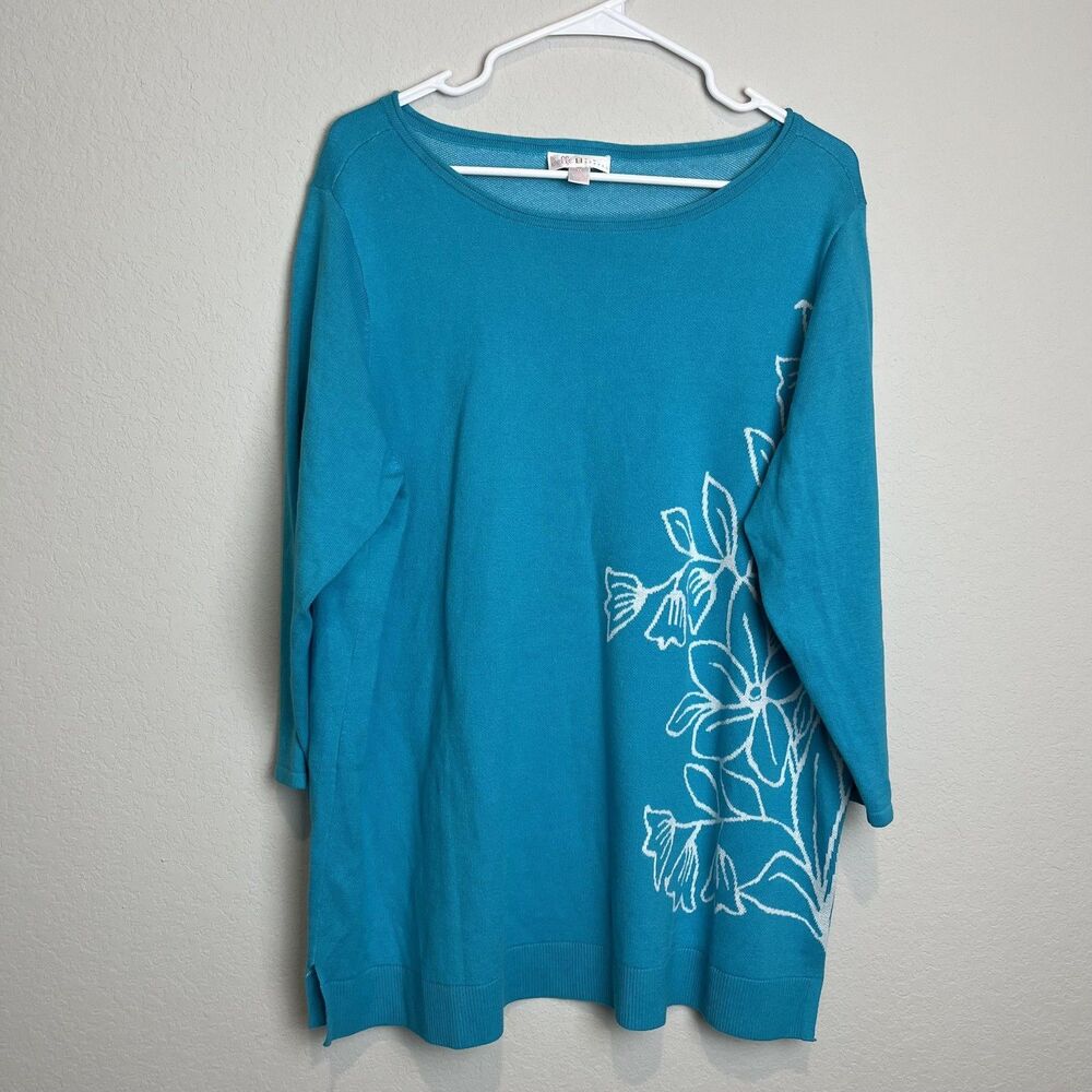 Belle By Kim Gravel Sweater Tunic Womens 1X Blue Floral 3/4 Sleeve Boat Neck